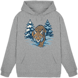 Unisex Heather Grey Snow Lynx Hoodie by Arvenzo, front view showing its cozy design and casual fit.