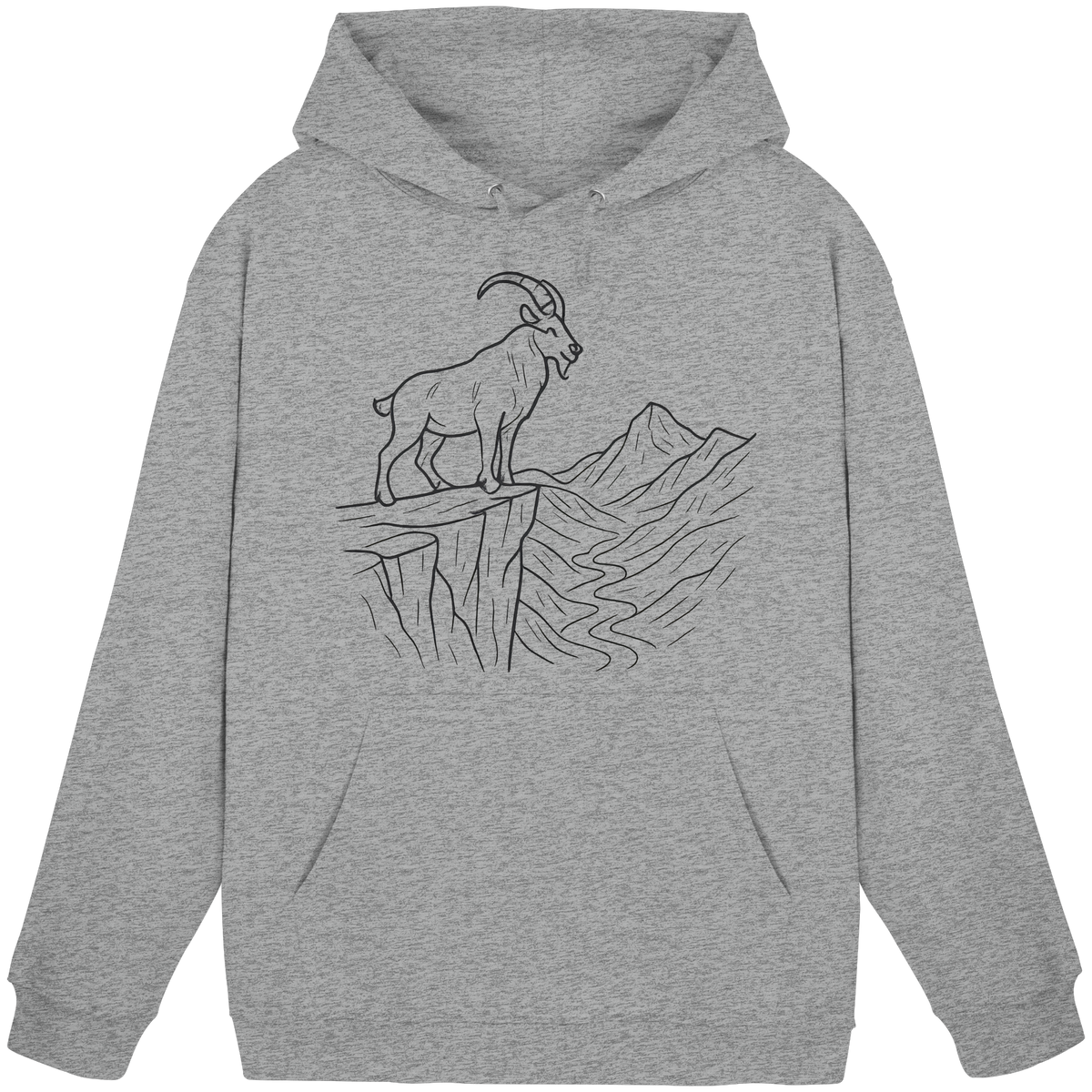 Front view of Arvenzo Cliff Edge hoodie, unisex heather grey hoodie with a simple design and comfortable fit.