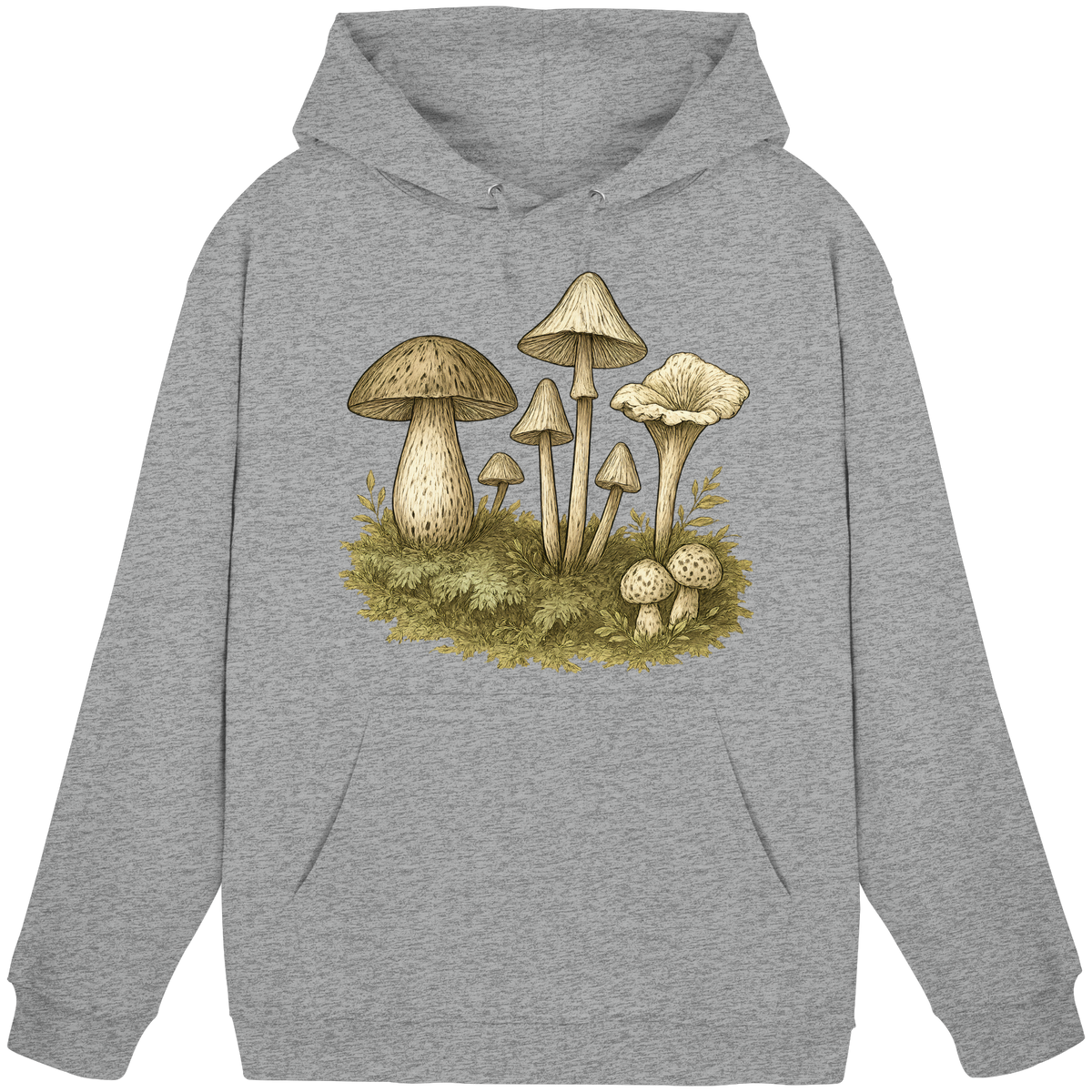 Front view of Arvenzo Forest Floor Hoodie, a unisex heather grey hoodie with a simple forest-themed design.