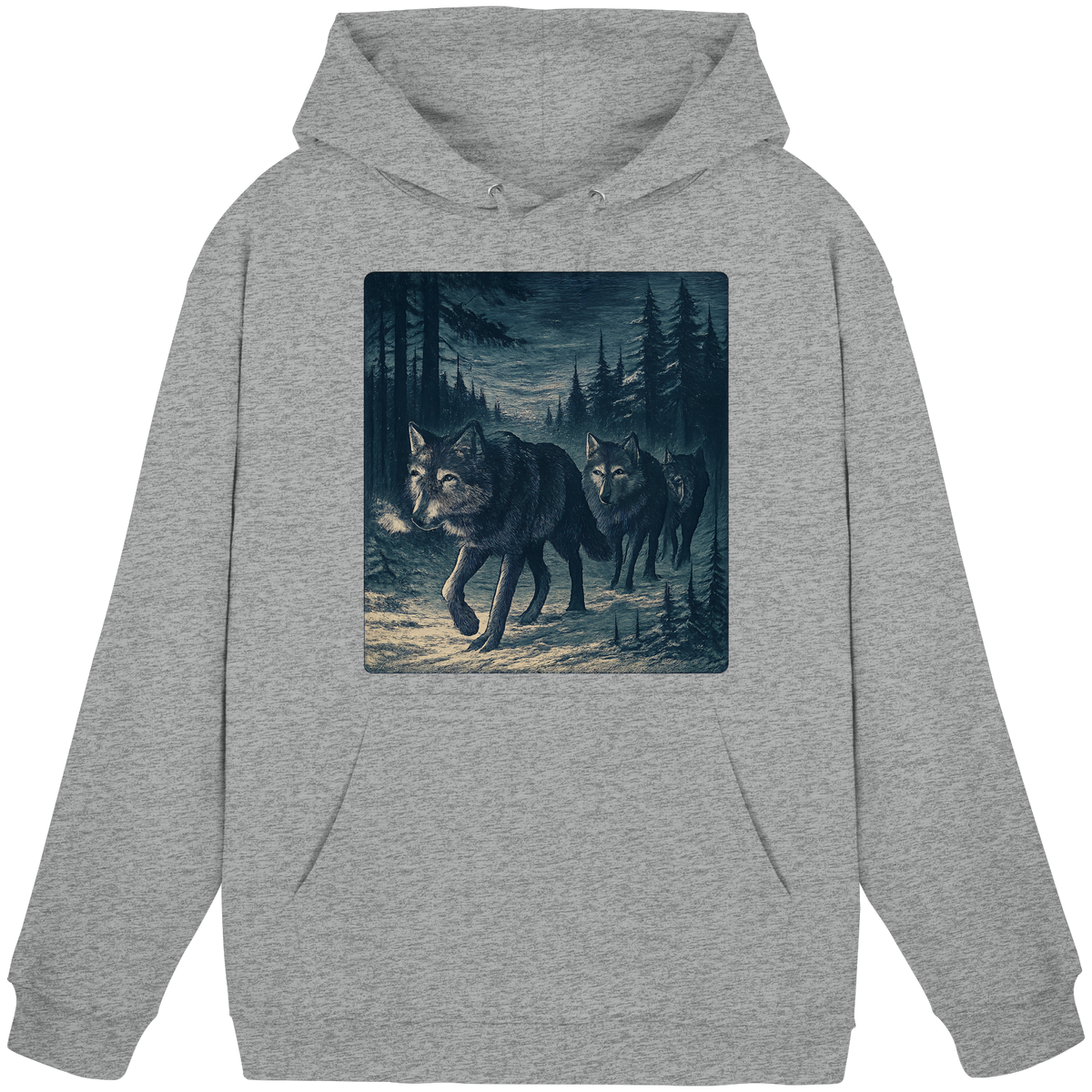 Front view of Arvenzo Pack North Hoodie, a unisex heather grey hoodie with a simple design and comfortable fit.
