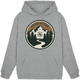 Unisex Heather Grey Trail Crest Hoodie by Arvenzo, front view showing casual fit and soft fabric texture.