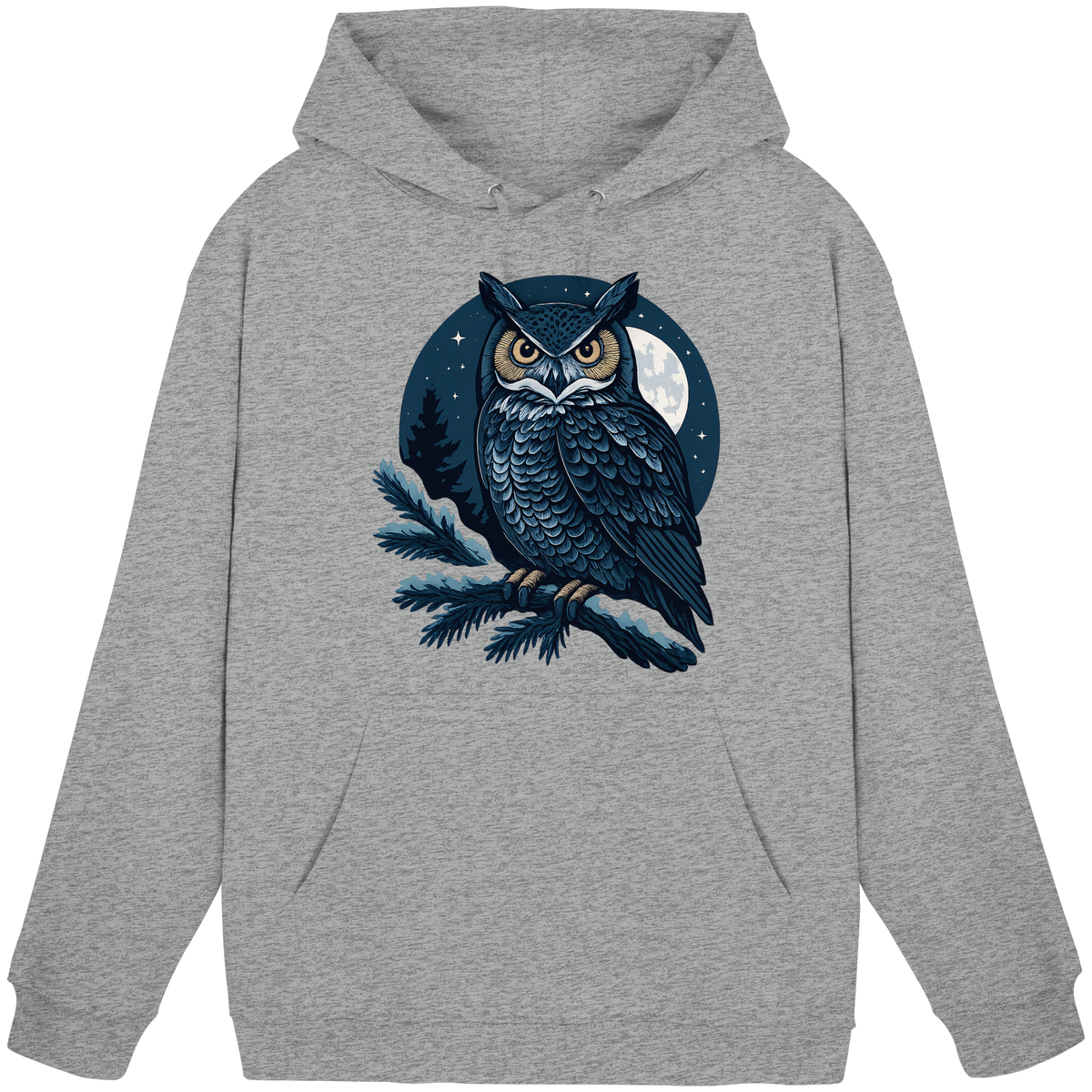 Front view of Arvenzo Night Watch hoodie in heather grey, unisex design with a cozy fit and minimalist style.