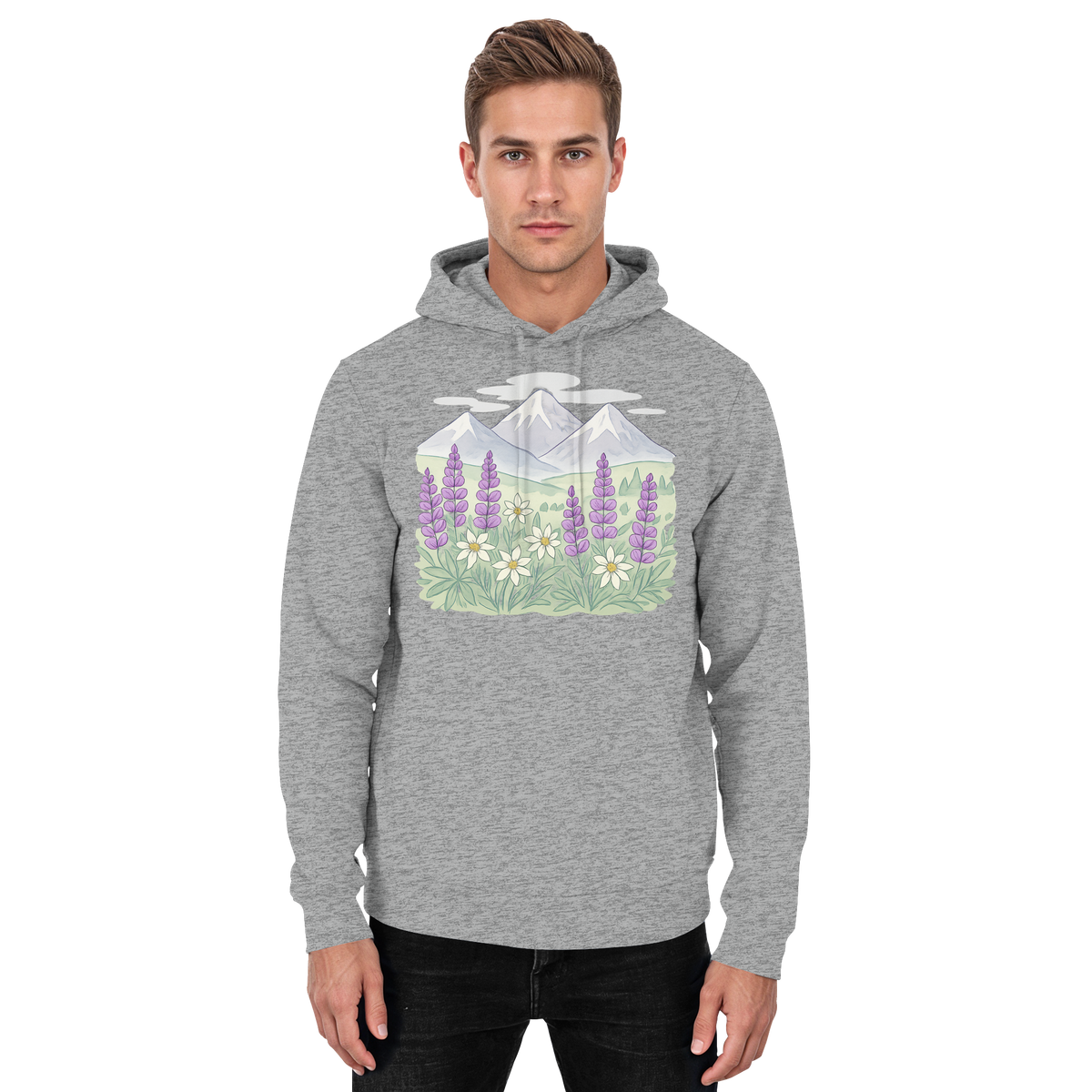 Arvenzo Alpine Bloom hoodie in heather grey, unisex front view showcasing a casual, comfortable hoodie design.