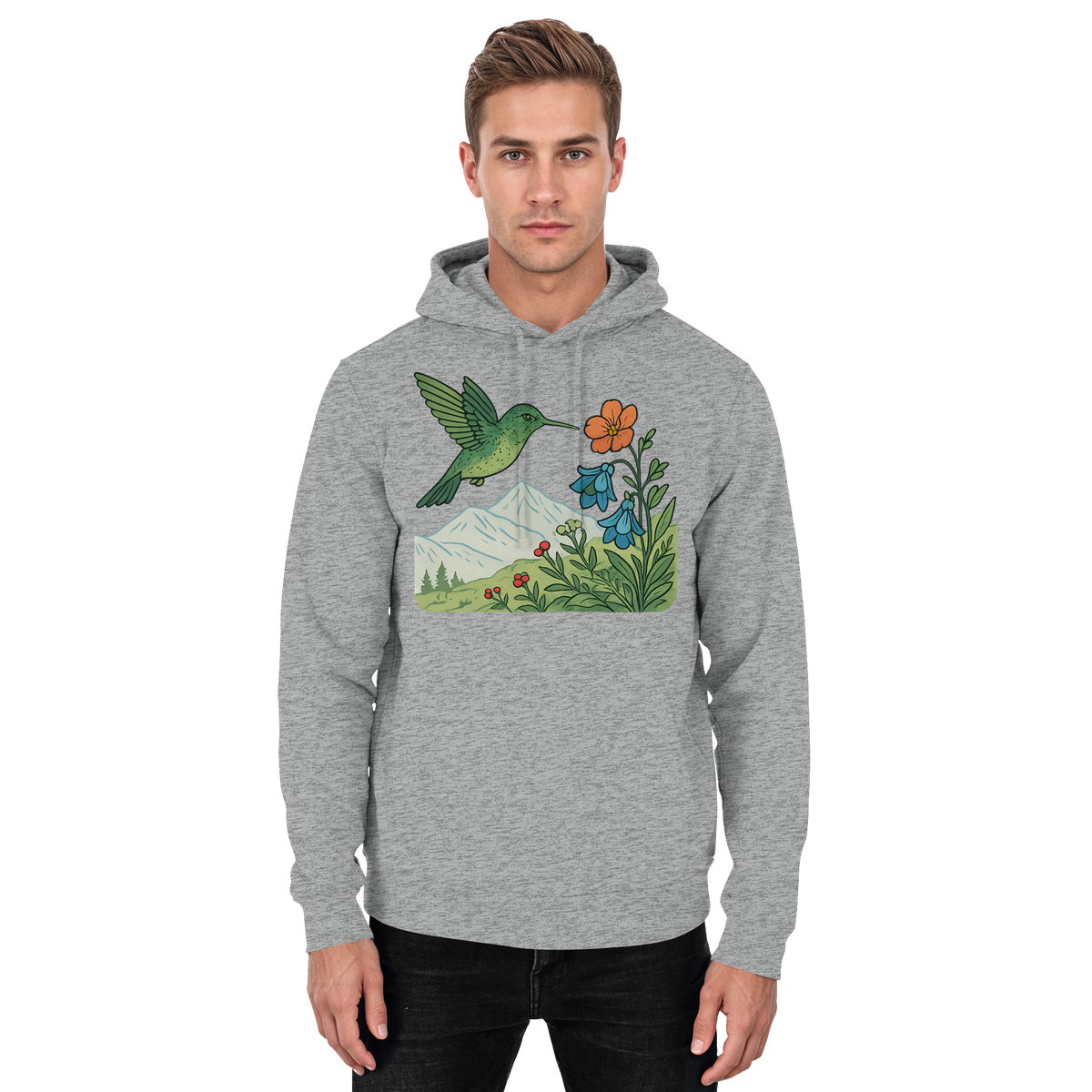 Unisex Heather Grey Bloom Wing Hoodie by Arvenzo showing a front view with a simple, stylish design and soft fabric texture.