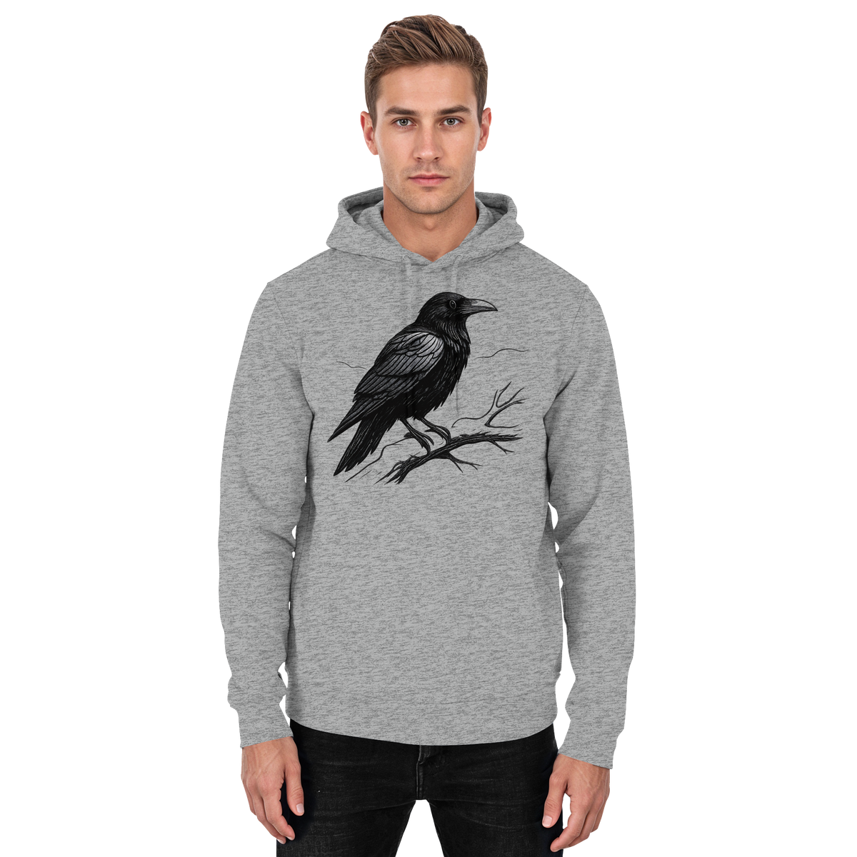 Front view of a heather grey unisex Dark Raven Hoodie by Arvenzo, featuring a classic pullover design and ribbed cuffs.