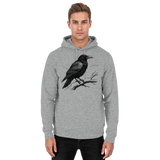 Front view of a heather grey unisex Dark Raven Hoodie by Arvenzo, featuring a classic pullover design and ribbed cuffs.