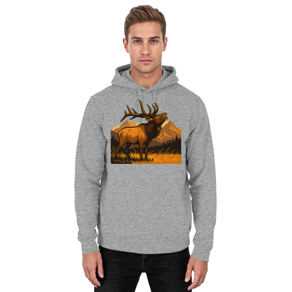 Unisex Heather Grey Elk Meadow Hoodie by Arvenzo, front view showing hoodie design and soft fabric texture.