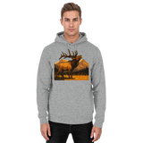 Unisex Heather Grey Elk Meadow Hoodie by Arvenzo, front view showing hoodie design and soft fabric texture.