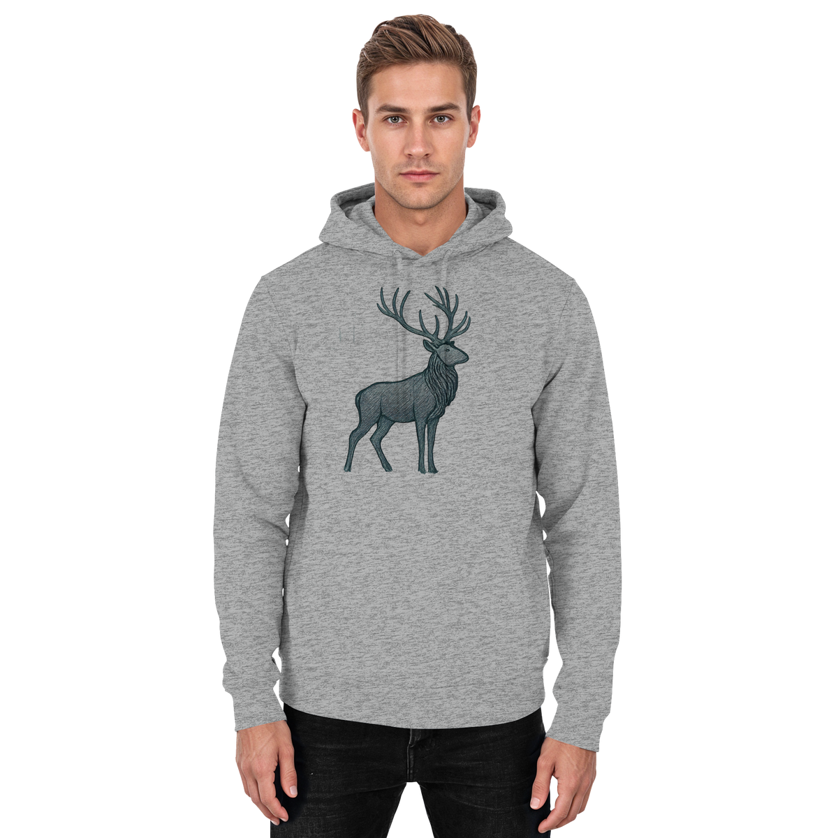 Arvenzo Mist Crown Hoodie in heather grey, front view showing unisex casual hoodie with a simple design and soft fabric.