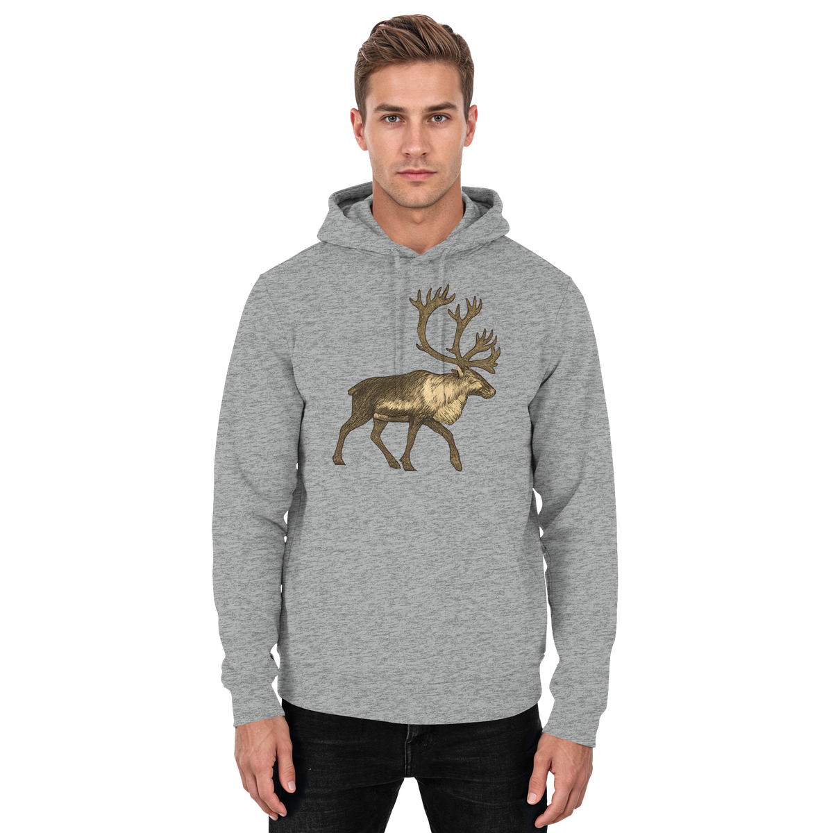 Front view of Arvenzo Tundra Walk hoodie in heather grey, unisex casual hoodie with a simple design and front pocket.
