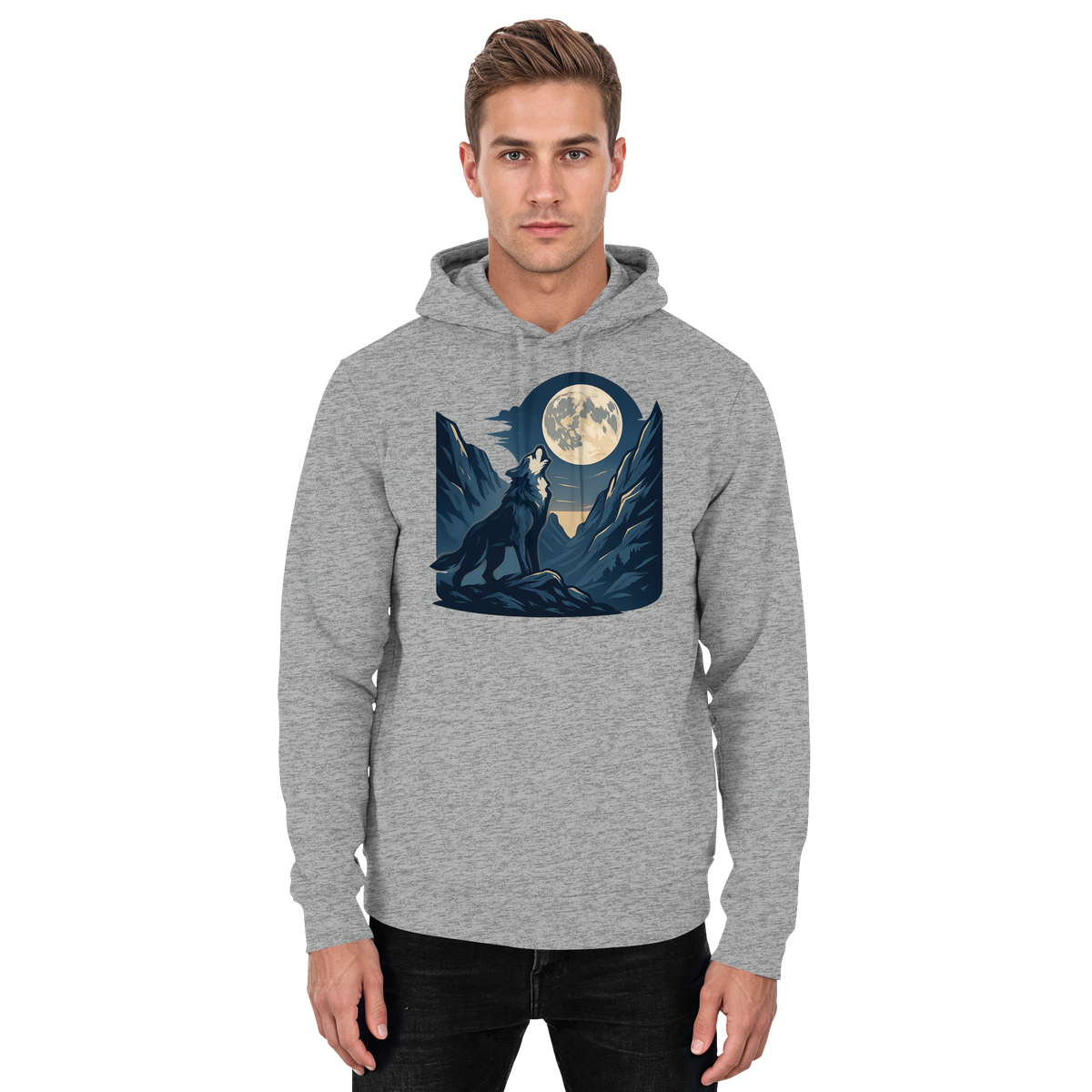 Front view of a unisex Heather Grey Silver Howl Hoodie by Arvenzo, featuring a casual hoodie design with a silver Howl logo.
