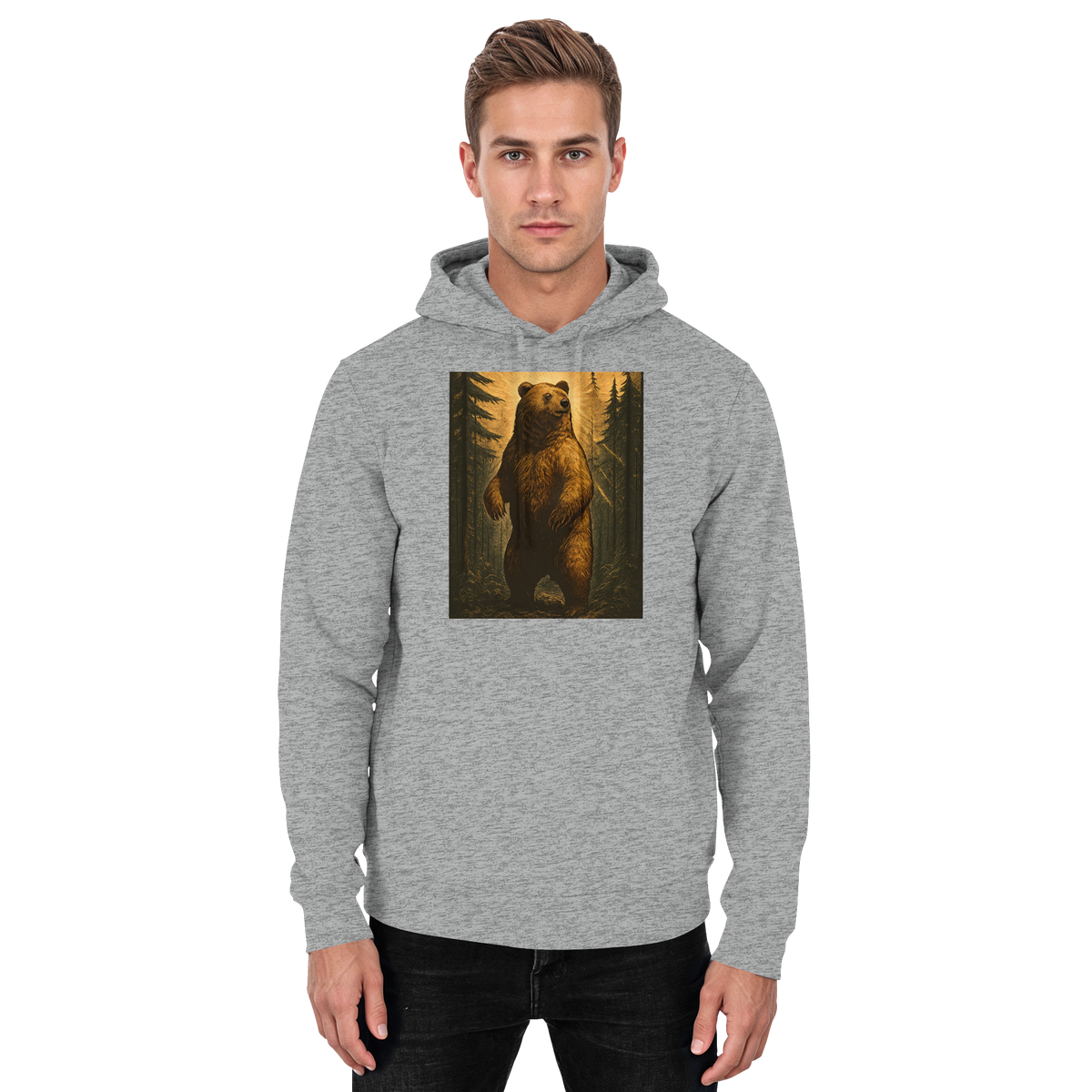 Front view of Arvenzo Deep Timber hoodie, unisex heather grey hoodie with a simple design and comfortable fit.