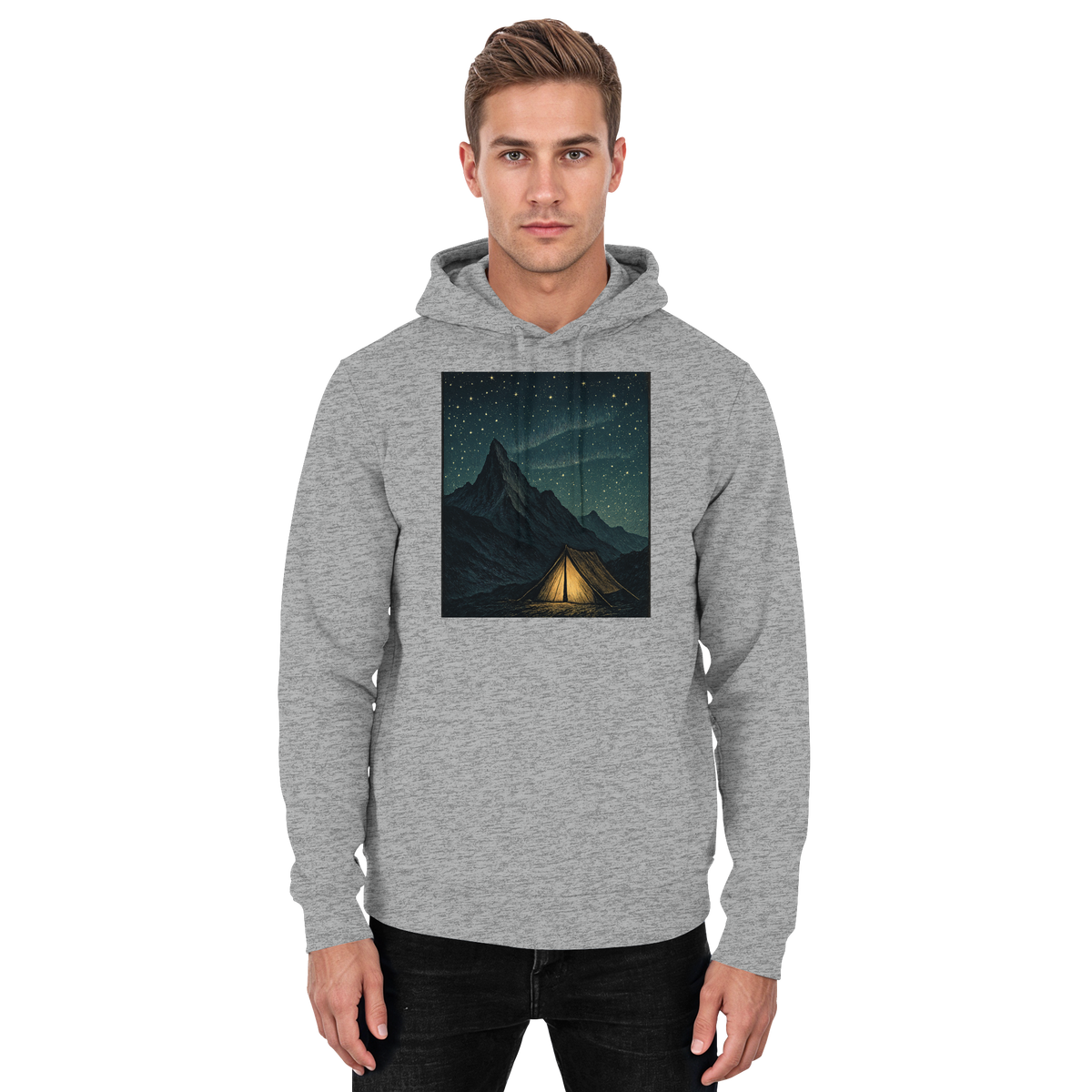 Unisex Heather Grey North Light Hoodie by Arvenzo, front view showing classic hoodie design and soft fabric texture.