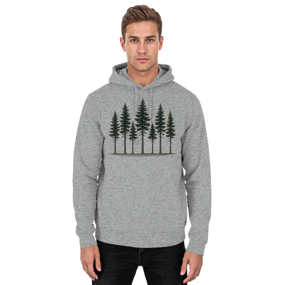 Unisex Heather Grey Pine Dusk Hoodie by Arvenzo, front view showing soft fabric and casual hoodie style.