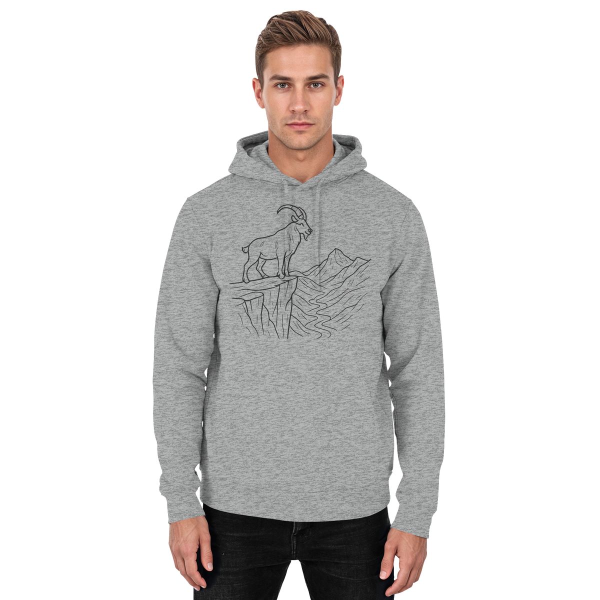 Front view of Arvenzo Cliff Edge unisex hoodie in heather grey, featuring a casual design and soft fabric.