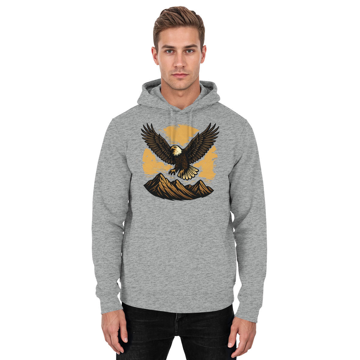 Front view of Arvenzo Iron Wing unisex hoodie in heather grey, showcasing the hoodie’s simple design and front details.