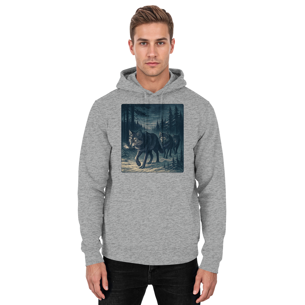 Unisex heather grey Arvenzo North Hoodie front view, basic design with a comfortable fit and casual style.