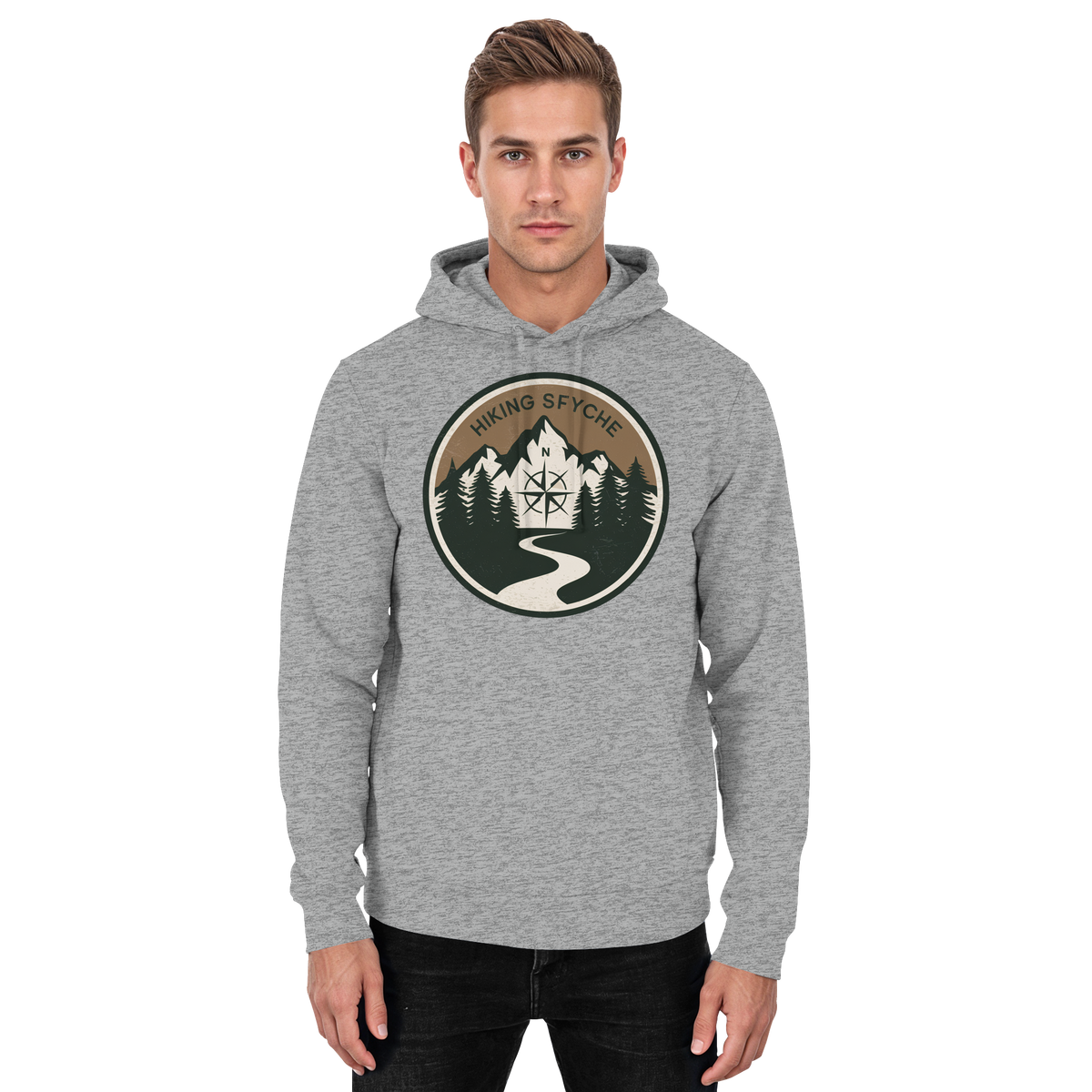 Unisex Heather Grey Trail Crest Hoodie by Arvenzo with front design, soft fabric, and casual fit.