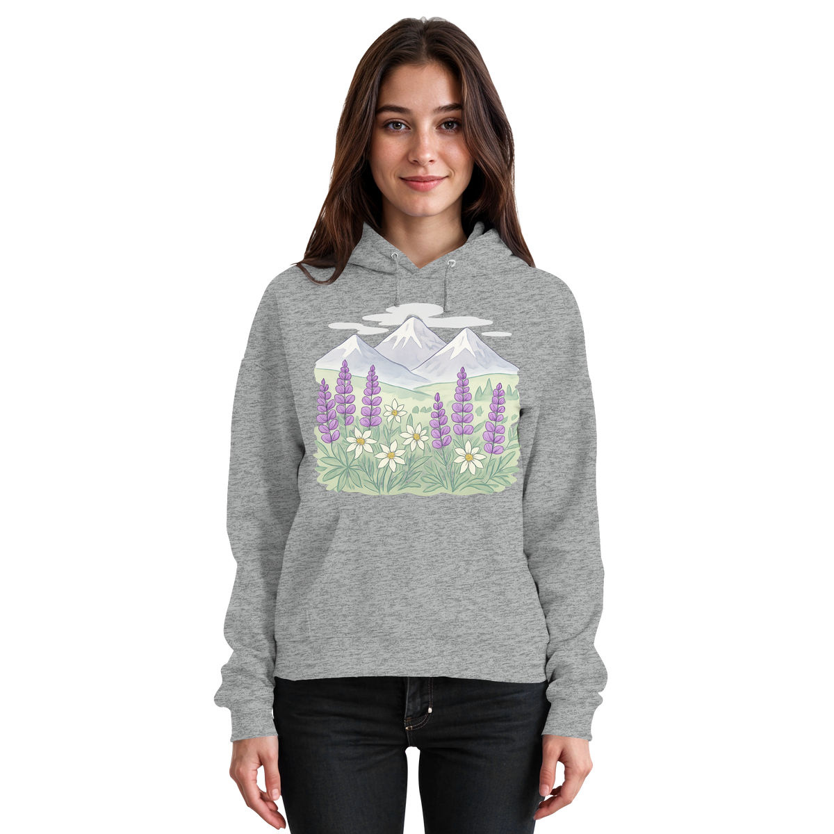 Heather grey Arvenzo Alpine Bloom hoodie, front view, unisex design with a cozy fit and soft fabric for casual wear.