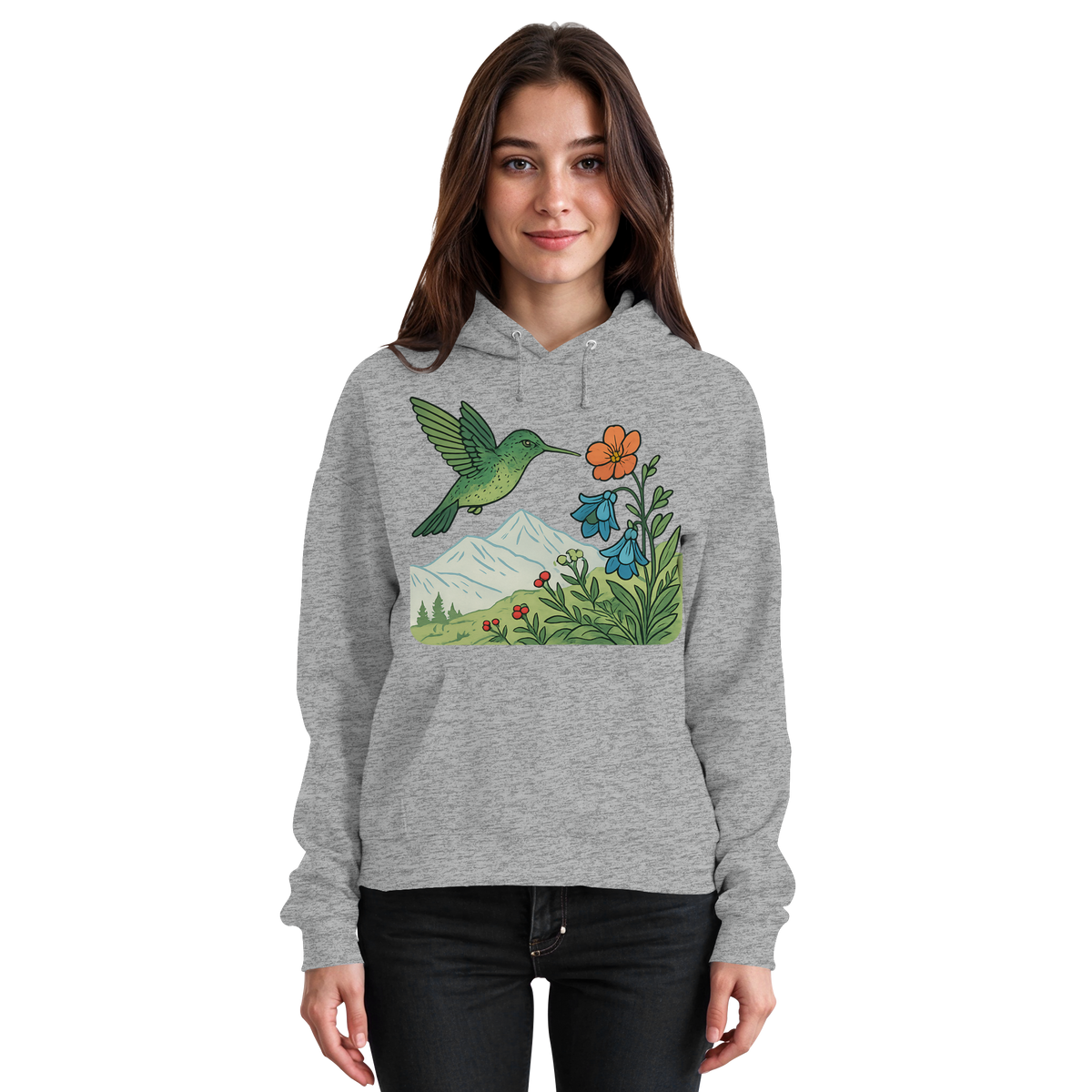 Unisex Heather Grey Bloom Wing Hoodie by Arvenzo showing a front view with a relaxed fit and casual style.