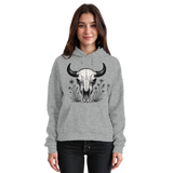 Unisex Heather Grey Bison Skull Hoodie by Arvenzo, front view showing the detailed bison skull graphic on the hoodie.