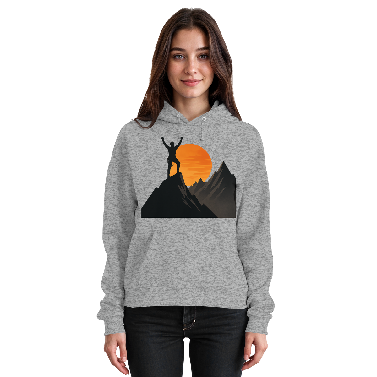 Front view of a unisex Heather Grey Arvenzo Bold Ascent hoodie, showcasing a casual fit with a soft fabric texture.