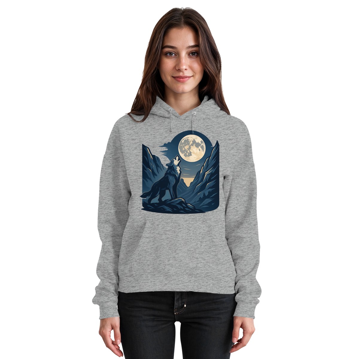 Front view of a heather grey Arvenzo Silver Howl unisex hoodie with a simple design and drawstring hood.