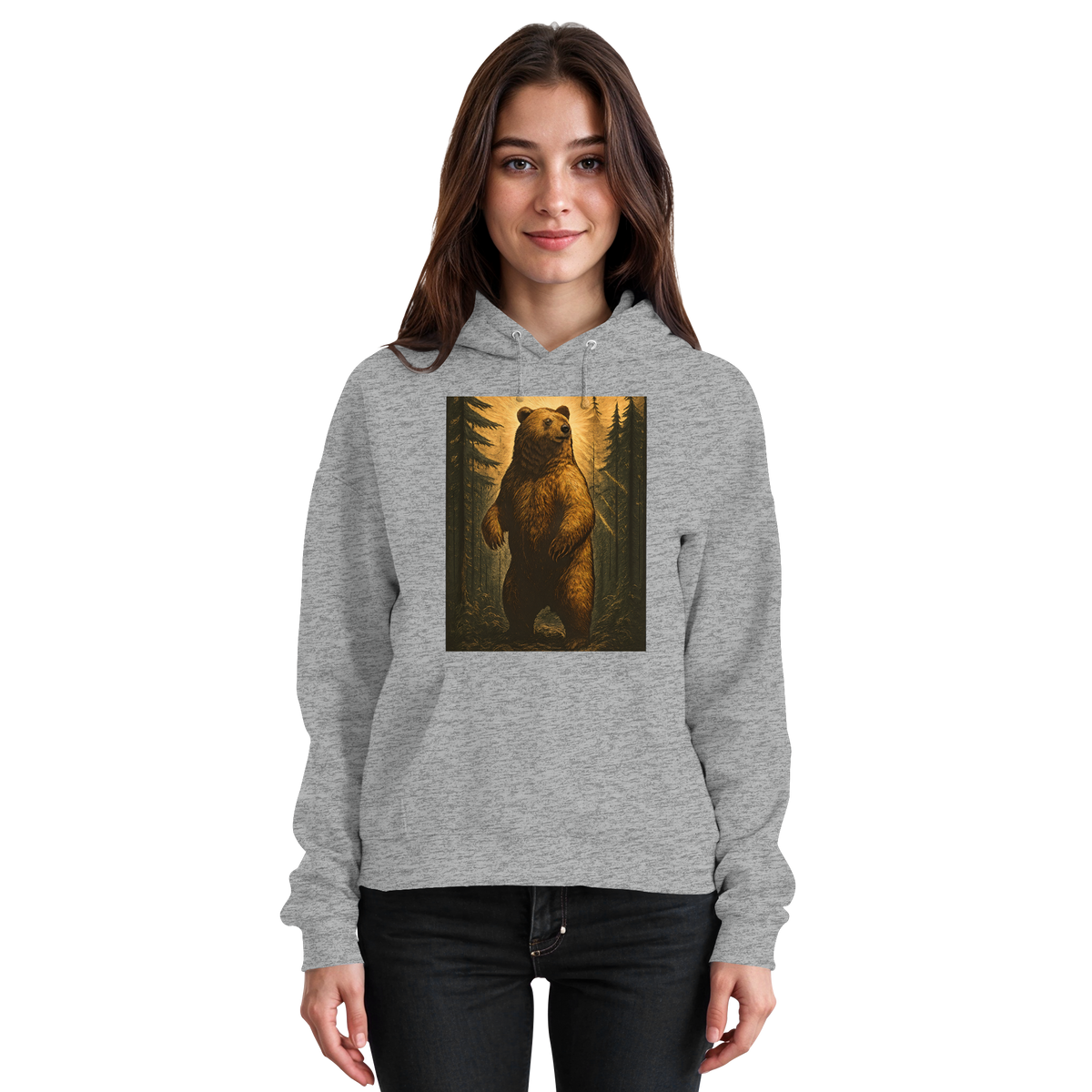 Front view of a Heather Grey Arvenzo Deep Timber unisex hoodie with a simple design and a comfortable fit.