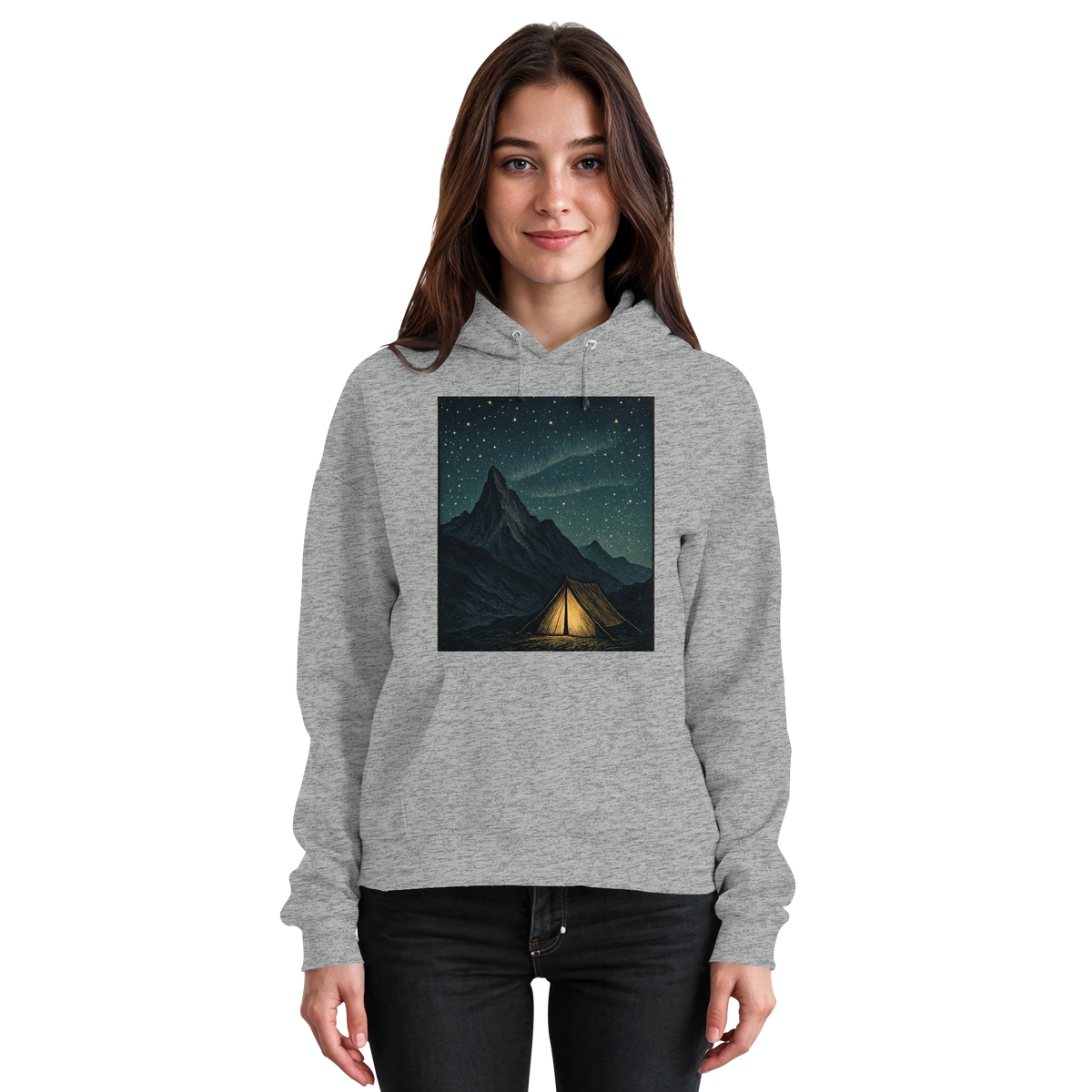 Arvenzo North Light unisex hoodie in heather grey, front view showing a casual fit and soft fabric.