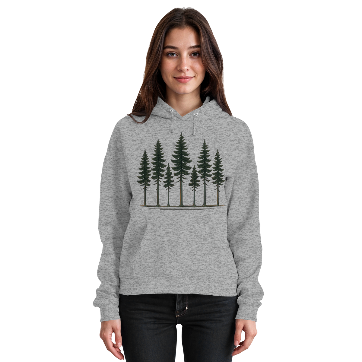 Unisex Heather Grey Pine Dusk Hoodie by Arvenzo, front view showing casual hoodie with a soft fabric finish.