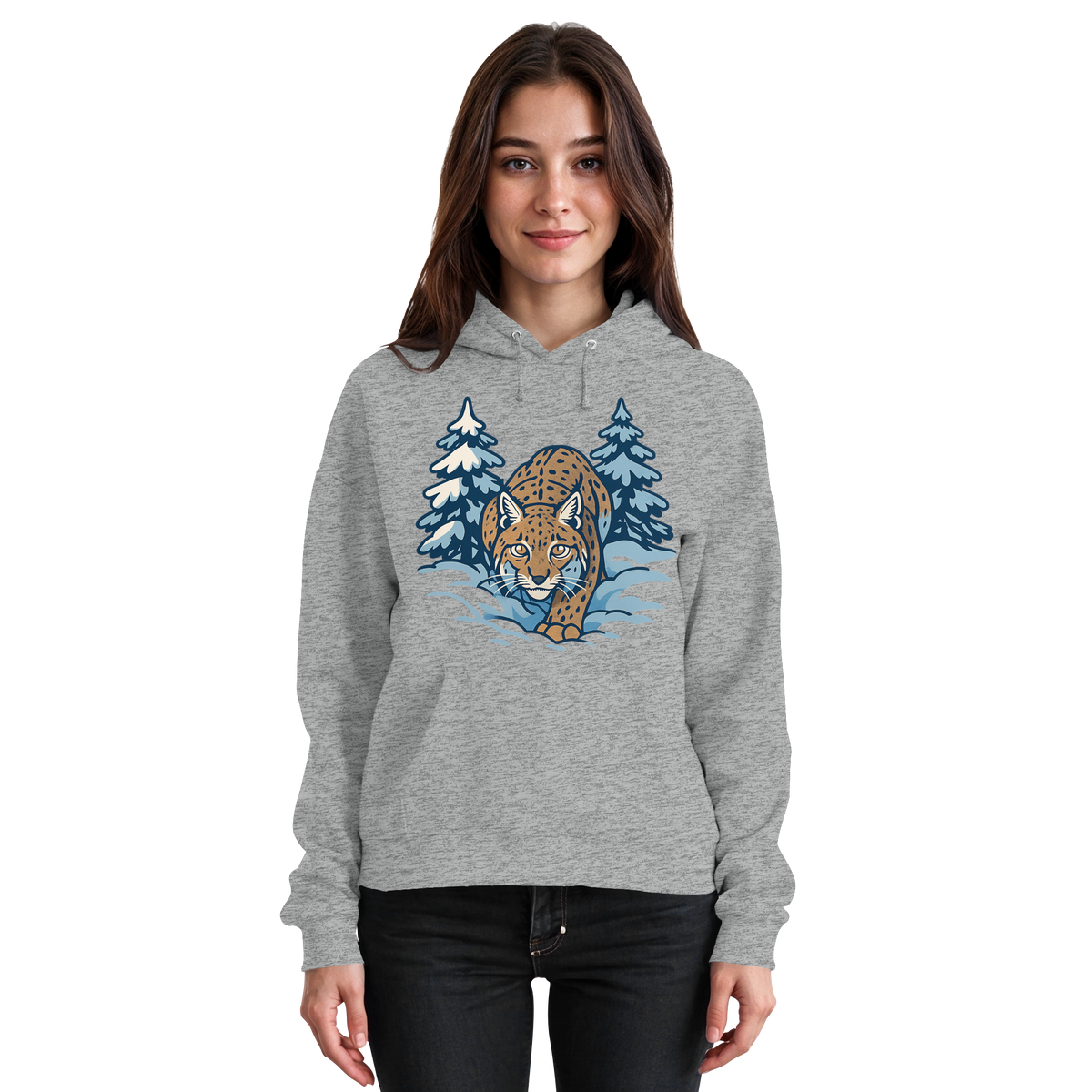 Unisex Heather Grey Snow Lynx hoodie by Arvenzo with front design, casual fit, and soft fabric for comfortable wear.
