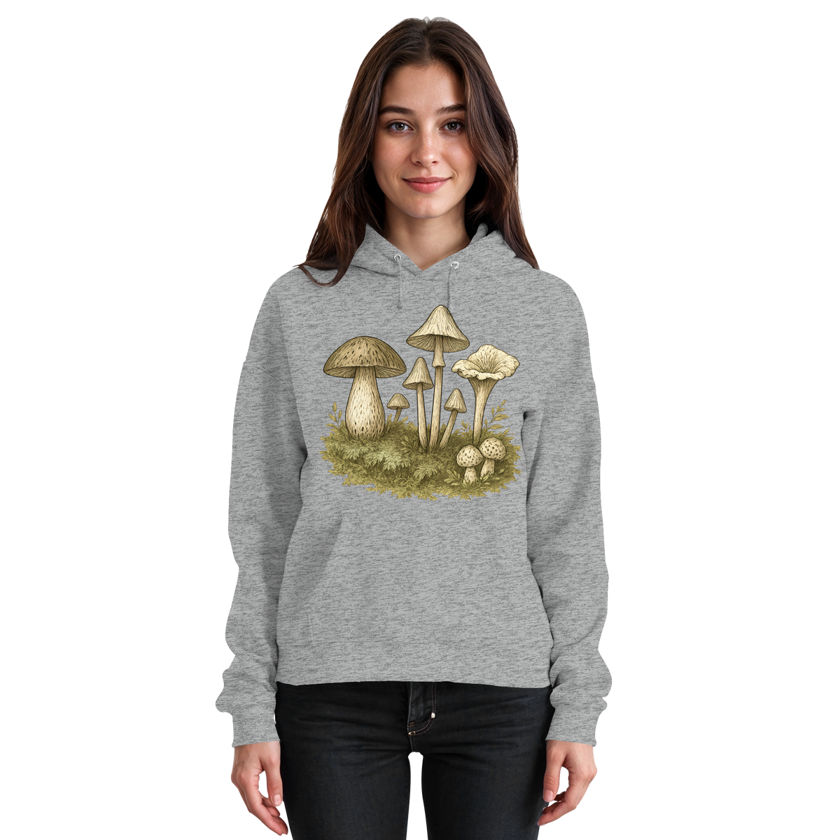 Unisex Heather Grey Forest Floor Hoodie by Arvenzo, front view showing simple design and comfortable fit.