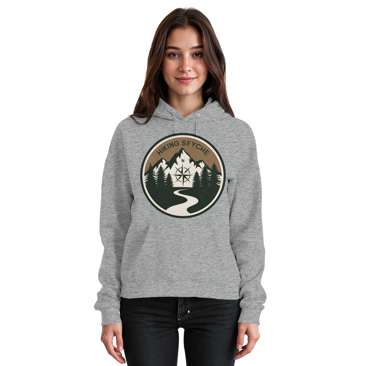 Heather grey Arvenzo Trail Crest Hoodie for men and women, front view showing soft, comfortable unisex hoodie fabric.