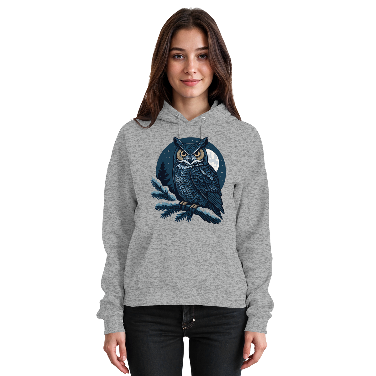 Front view of Arvenzo Night Watch hoodie in heather grey, unisex design with a classic hood and front pocket.