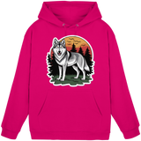 Front view of Arvenzo Lone Dusk unisex hoodie in vibrant hot pink with a simple design and adjustable drawstring hood.