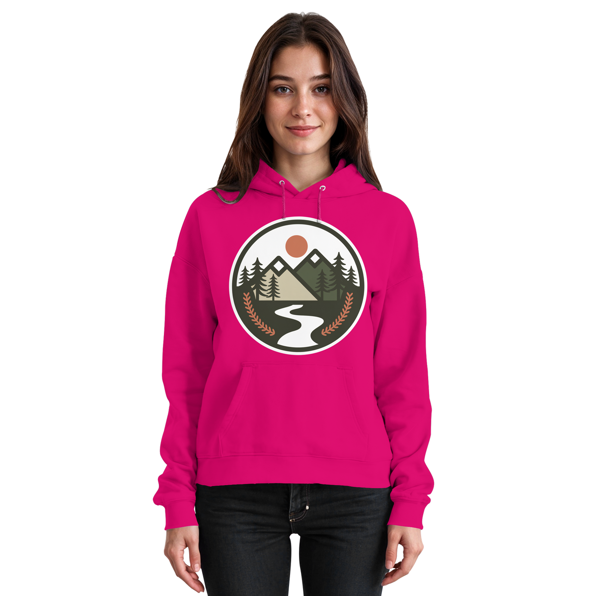 Front view of Arvenzo Open Ground hoodie in hot pink, unisex casual hoodie with a simple design.