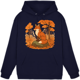 Front view of Arvenzo Ember Trail Hoodie in navy, showcasing a classic unisex hoodie design with a front pocket and drawstrings.