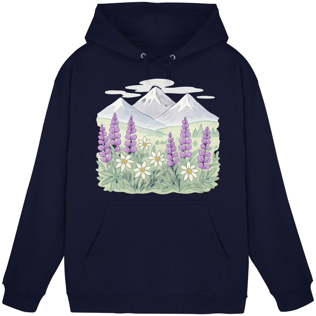 Front view of Arvenzo Alpine Bloom unisex hoodie in navy with a simple design and adjustable drawstring hood.