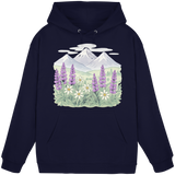 Front view of Arvenzo Alpine Bloom unisex hoodie in navy with a simple design and adjustable drawstring hood.