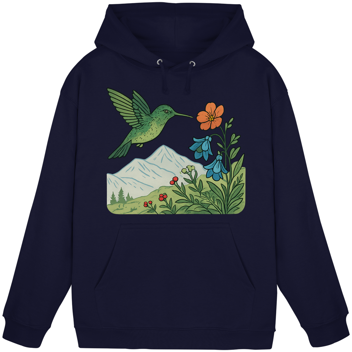 Front view of Arvenzo Bloom Wing unisex hoodie in navy blue, featuring a simple design and a comfortable fit.