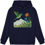 Front view of Arvenzo Bloom Wing unisex hoodie in navy blue, featuring a simple design and a comfortable fit.