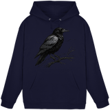 Front view of Arvenzo Dark Raven Hoodie in navy, featuring a classic unisex hoodie design with a drawstring hood and front pocket.