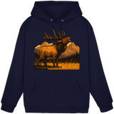 Unisex navy Elk Meadow Hoodie by Arvenzo, front view showing a casual, comfortable hoodie with a drawstring hood and front pocket.