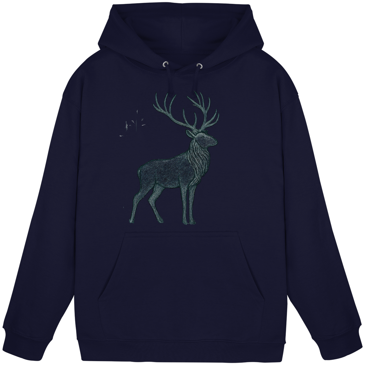 Front view of Arvenzo Mist Crown unisex hoodie in navy with a minimalist design and a drawstring hood.