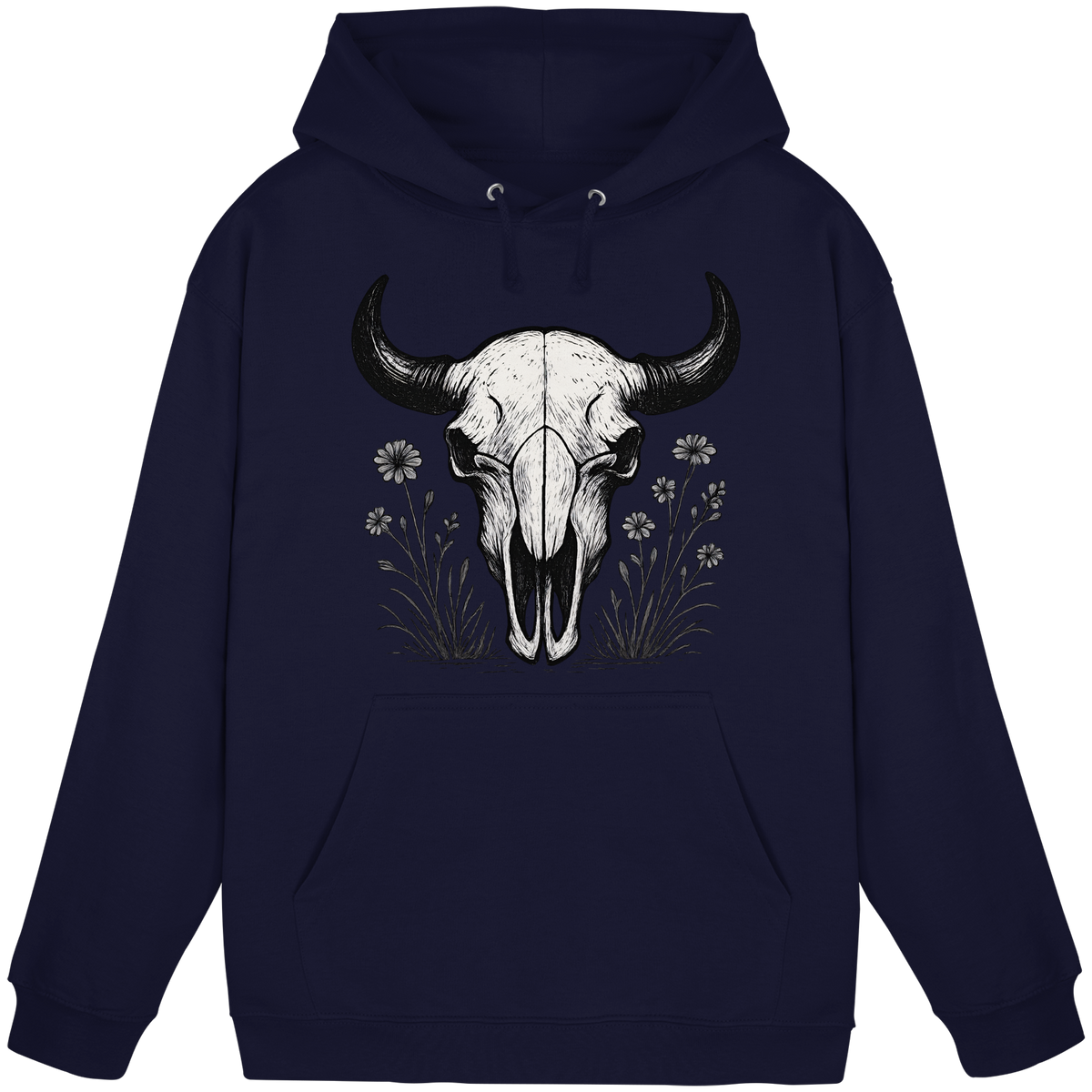 Navy Bison Skull Hoodie by Arvenzo, front view of unisex hoodie with bison skull graphic and front pocket.
