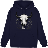 Navy Bison Skull Hoodie by Arvenzo, front view of unisex hoodie with bison skull graphic and front pocket.