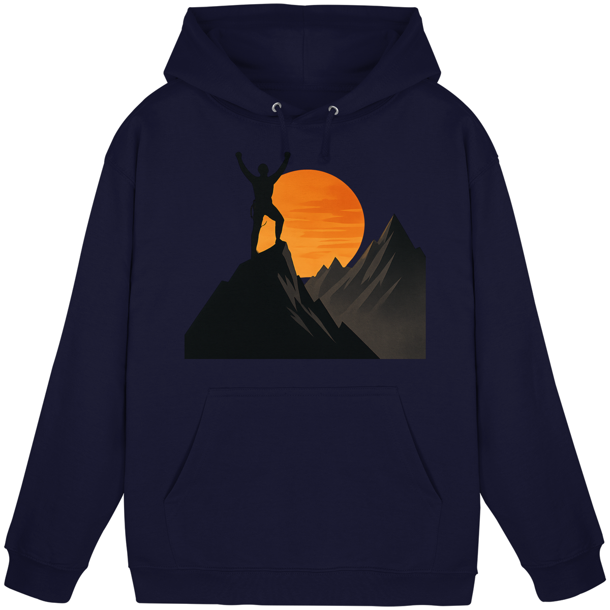 Front view of Arvenzo Bold Ascent unisex hoodie in navy with a simple design and a front pocket.