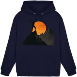 Front view of Arvenzo Bold Ascent unisex hoodie in navy with a simple design and a front pocket.