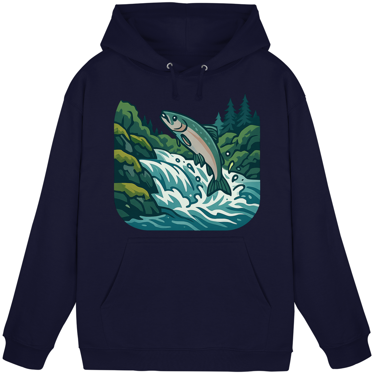 Front view of Arvenzo Silver Run Hoodie, unisex navy hoodie with a simple design and adjustable drawstrings.