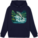 Front view of Arvenzo Silver Run Hoodie, unisex navy hoodie with a simple design and adjustable drawstrings.